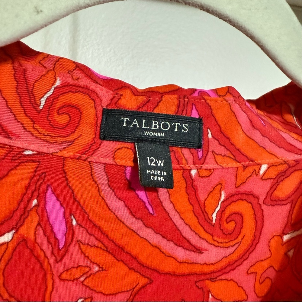Talbots 100% Silk Paisley Shirt Dress Midi Size 12W Pink Red Orange Coral - Picture 2 of 6